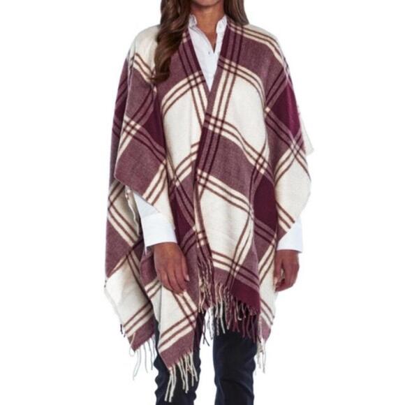 Banana Republic Sweaters - Banana Republic Burgundy and Cream Plaid Poncho Sweater